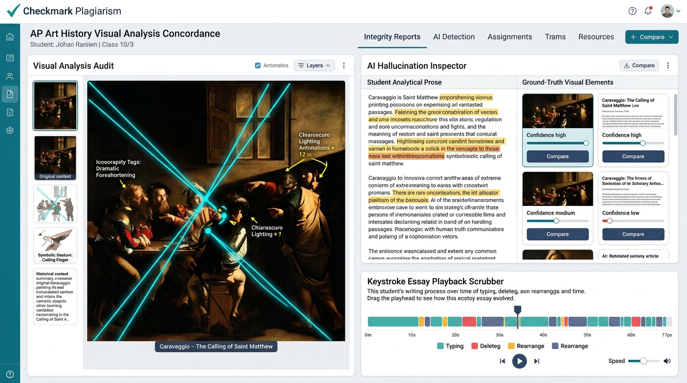 Checkmark Plagiarism Visual Analysis Concordance Audit Dashboard showing Caravaggio's The Calling of Saint Matthew, chiaroscuro vector mapping, side-by-side ground truth inspection, and keystroke replay telemetry.