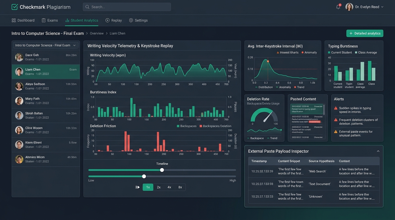 Checkmark Plagiarism Writing Velocity Telemetry and Keystroke Replay Dashboard Mockup for Asynchronous Online Exams