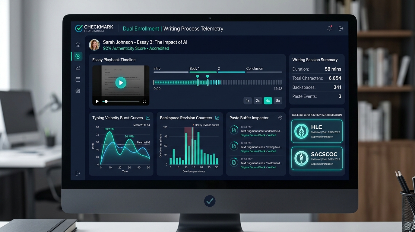 How Can Dual Enrollment Faculty Use Essay Playback Timelines to Verify Writing Authenticity in Asynchronous College Composition - Checkmark Plagiarism Dashboard