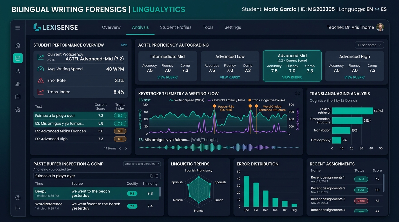 Checkmark Plagiarism Dual-Language Immersion Writing Telemetry Dashboard showing keystroke waveforms, pause topography, and ACTFL autograding