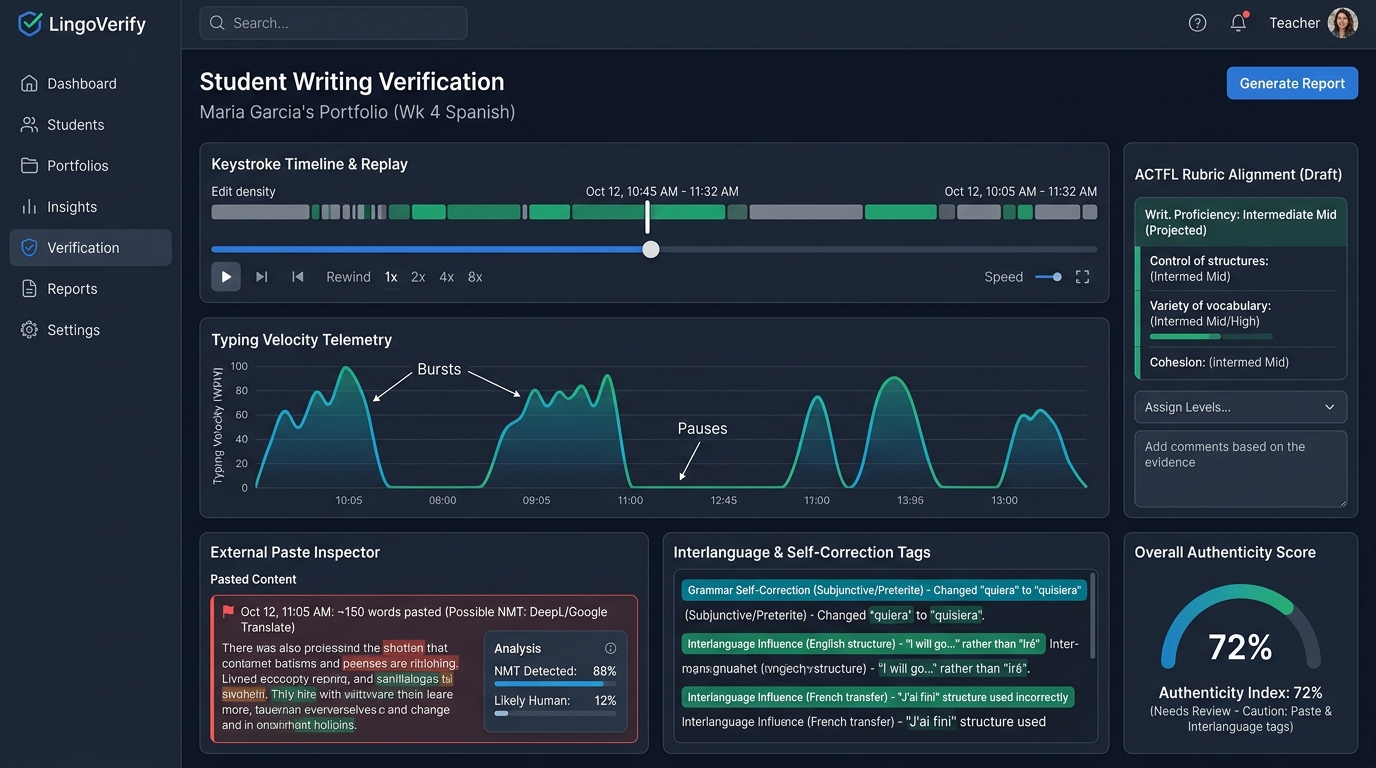 Checkmark World Language Telemetry Dashboard showing keystroke timeline analytics, authentic L2 typing dynamics, and DeepL machine translation paste detection