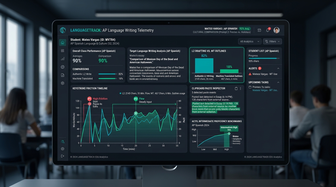 Checkmark World Language Telemetry Dashboard showing AP Spanish and French Cultural Comparison drafting forensics, ACTFL proficiency metrics, and keystroke friction timeline