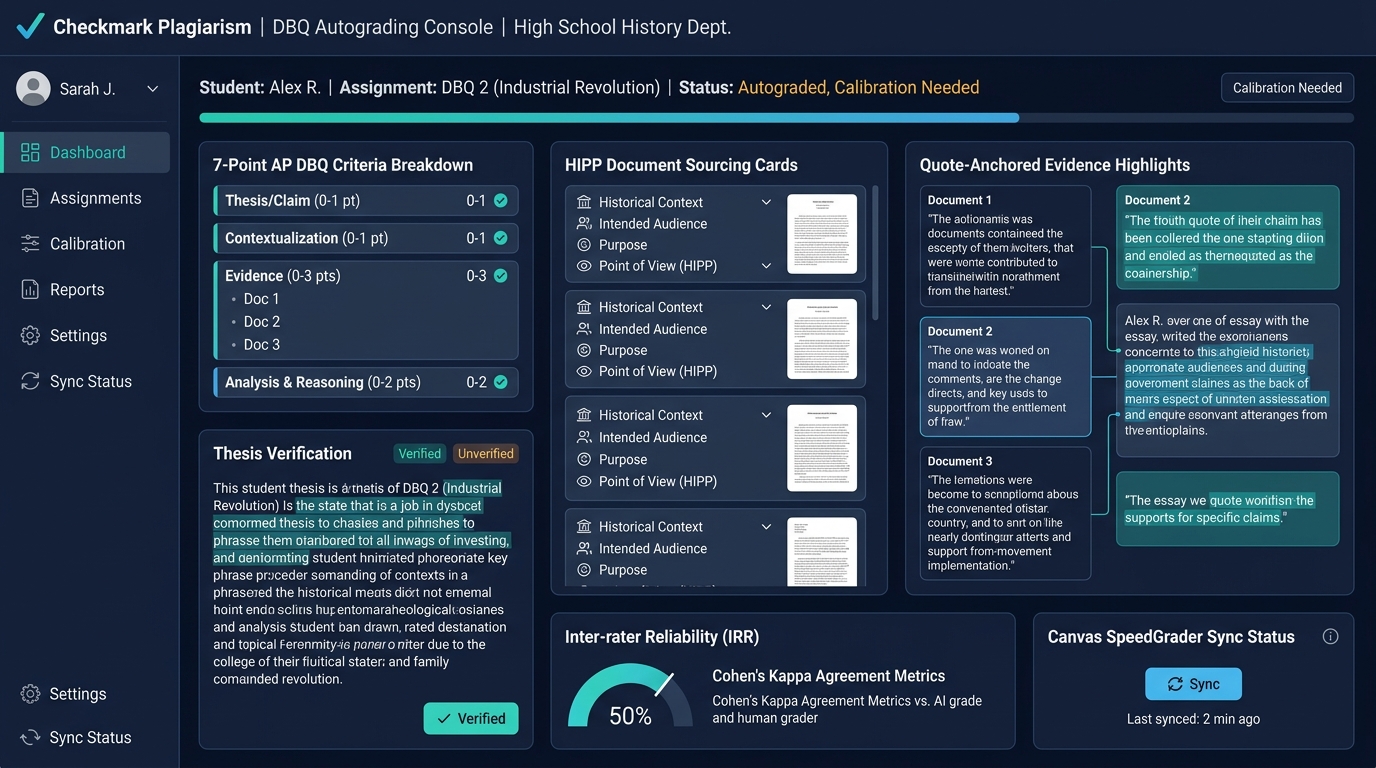 Checkmark Plagiarism DBQ Autograding and Calibration Console for High School History Departments