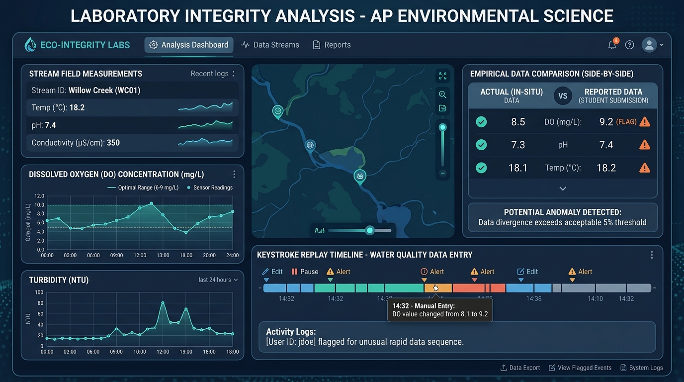 Environmental Science Laboratory Integrity Dashboard showing stream field measurements, sensor graphs, and keystroke replay telemetry in Checkmark Plagiarism