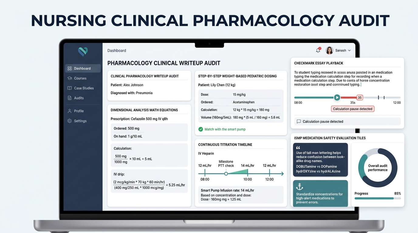 Checkmark Plagiarism Nursing Clinical Pharmacology Audit Dashboard displaying dimensional analysis verification, pediatric dosing cards, continuous titration timelines, and Essay Playback scratchpad pause telemetry.