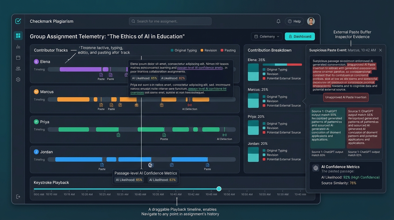 Checkmark Plagiarism Multi-Author Collaborative Group Assignment Telemetry Dashboard