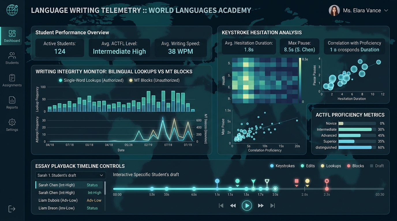 Checkmark World Language Telemetry Dashboard showing bilingual dictionary lookups vs machine translation block insertions, ACTFL proficiency metrics, and Essay Playback timeline