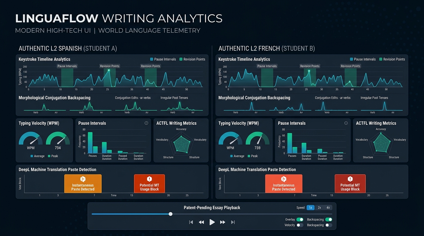 Checkmark World Language Telemetry Dashboard showing keystroke timeline analytics, authentic L2 typing dynamics, and DeepL machine translation paste detection