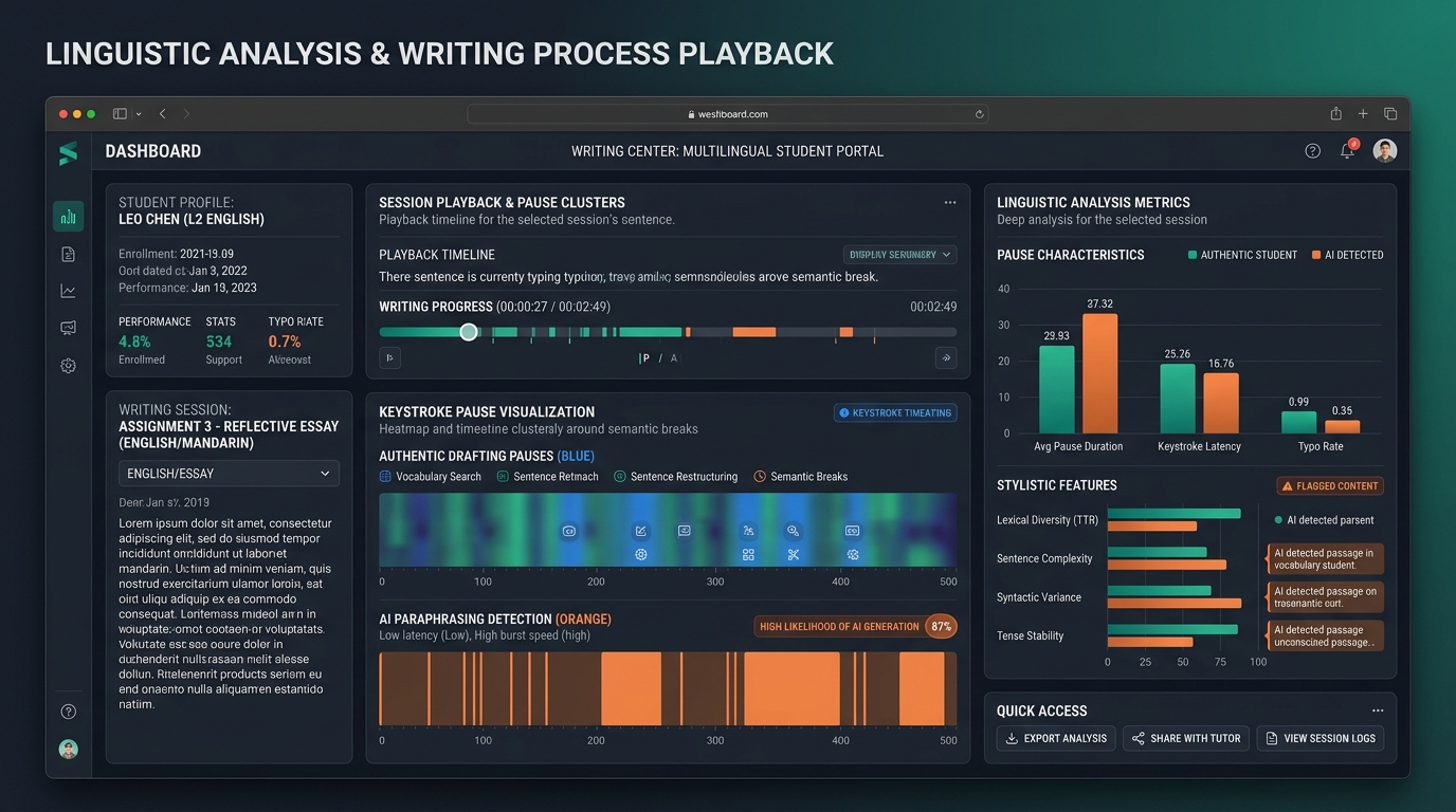 Writing Center Linguistic Analysis and Essay Playback Telemetry Dashboard