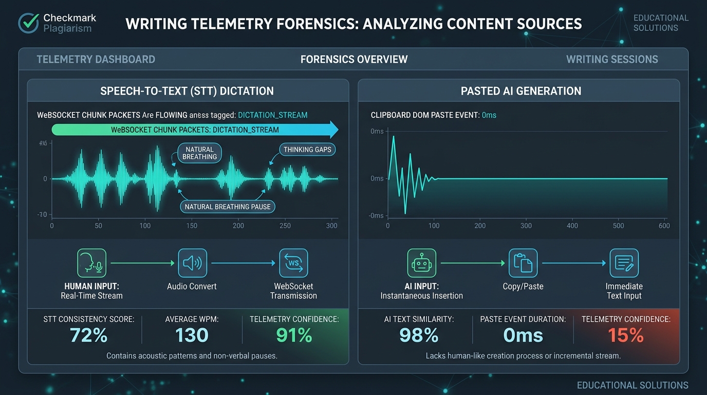 Writing Telemetry Forensics Dashboard comparing Speech-to-Text streaming packets with instantaneous 0ms AI clipboard paste events