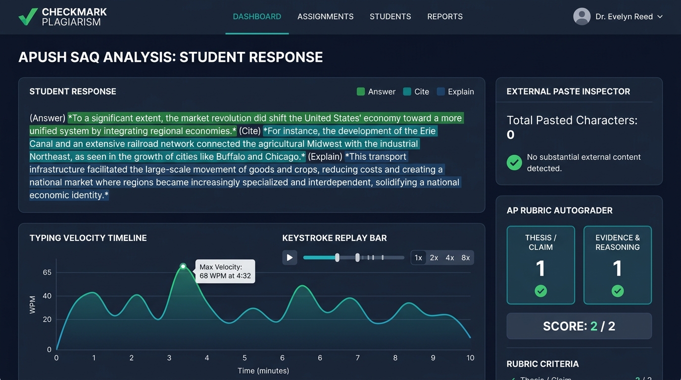 High School AP US History Short Answer Question (SAQ) Writing Process Telemetry Dashboard showing ACE method highlighting, keystroke dynamics velocity curve, and AP rubric autograder