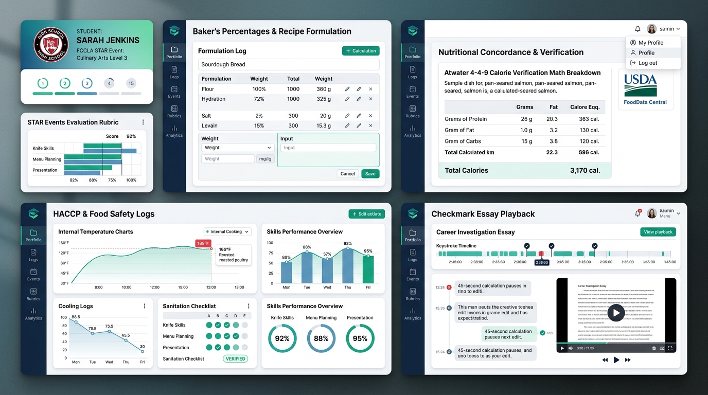 Checkmark Plagiarism FCCLA Culinary Arts and Nutrition Portfolio Audit Dashboard displaying Baker's percentages recipe formulation logs, Atwater 4-4-9 calorie verification math breakdown, USDA FoodData Central concordance panel, HACCP food safety temperature charts, and Essay Playback writing telemetry timeline with 45-second calculation pauses.