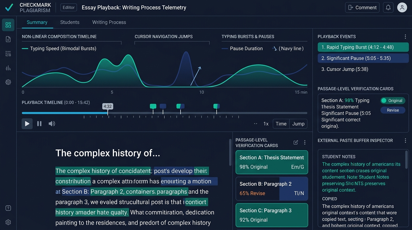 Checkmark Plagiarism Essay Playback writing process telemetry dashboard showing non-linear drafting timeline, bimodal keystroke velocity curves, cursor navigation jumps, and external paste buffer inspector