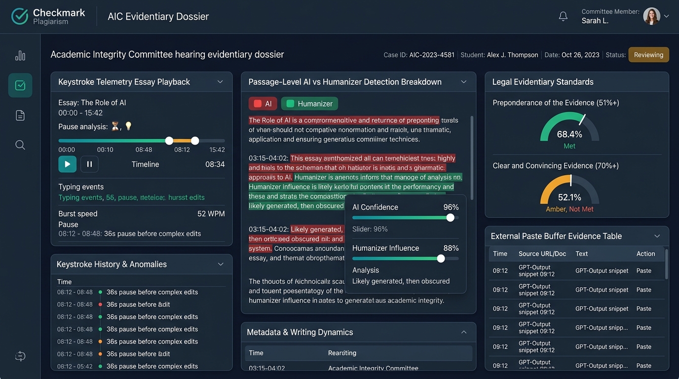 Academic Integrity Committee Evidentiary Standards Dashboard in Checkmark Plagiarism